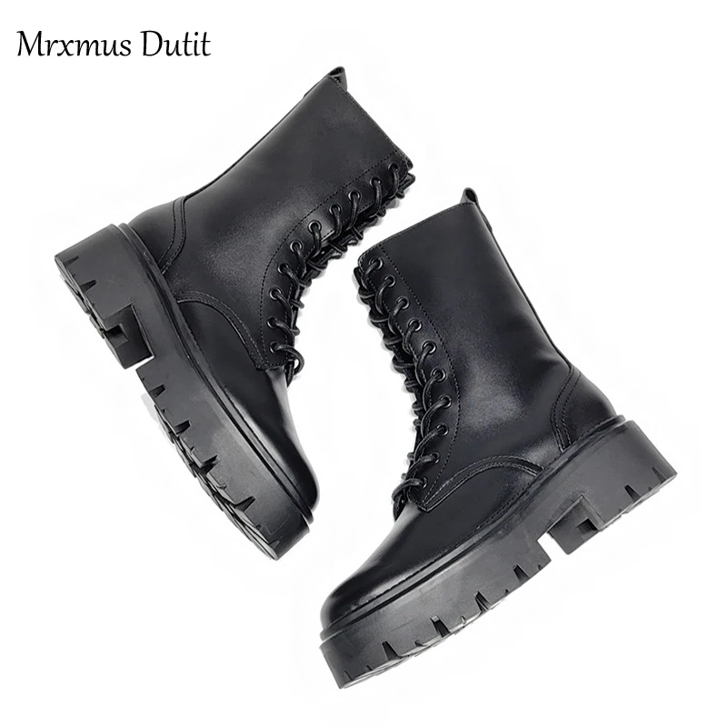 Mrxmus Dutit 2024 Winter Fashion New Women Genuine Leather Lacing Flat Short Boots Round Head Simple Casual Short Female Chic