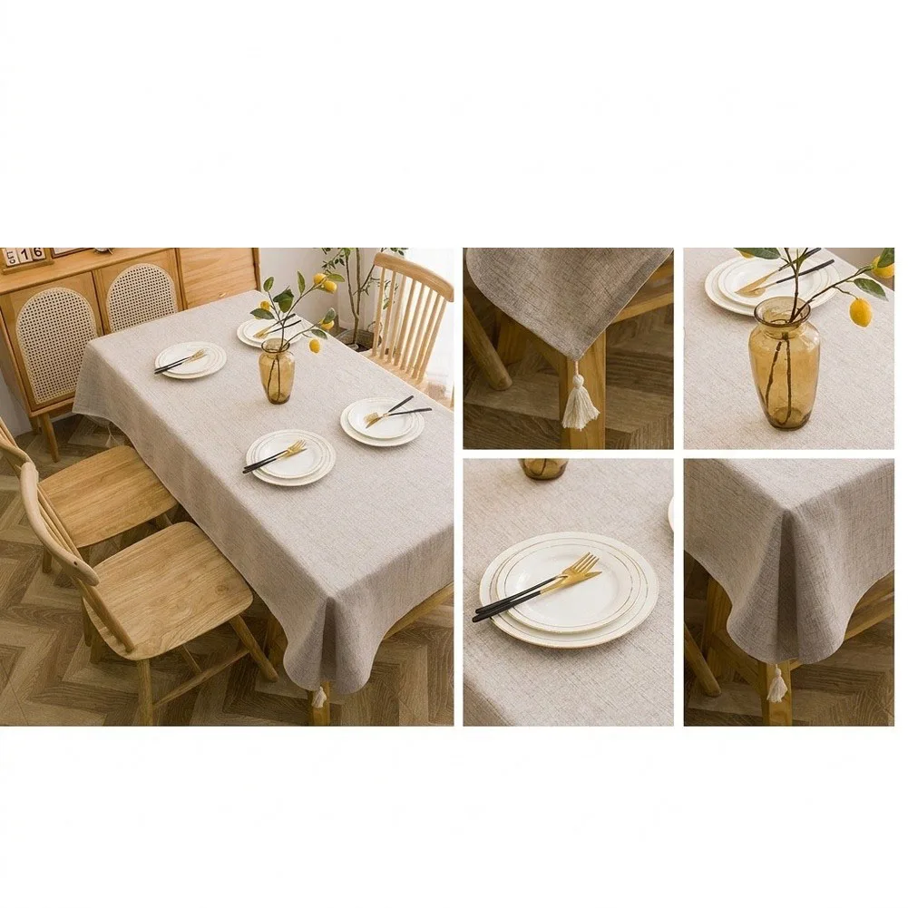 1Pc Waterproof Oilproof Linen Textured Tablecloth With Tassel Corner For Dining Room Kitchen Home Decor Solid Color Table Cover