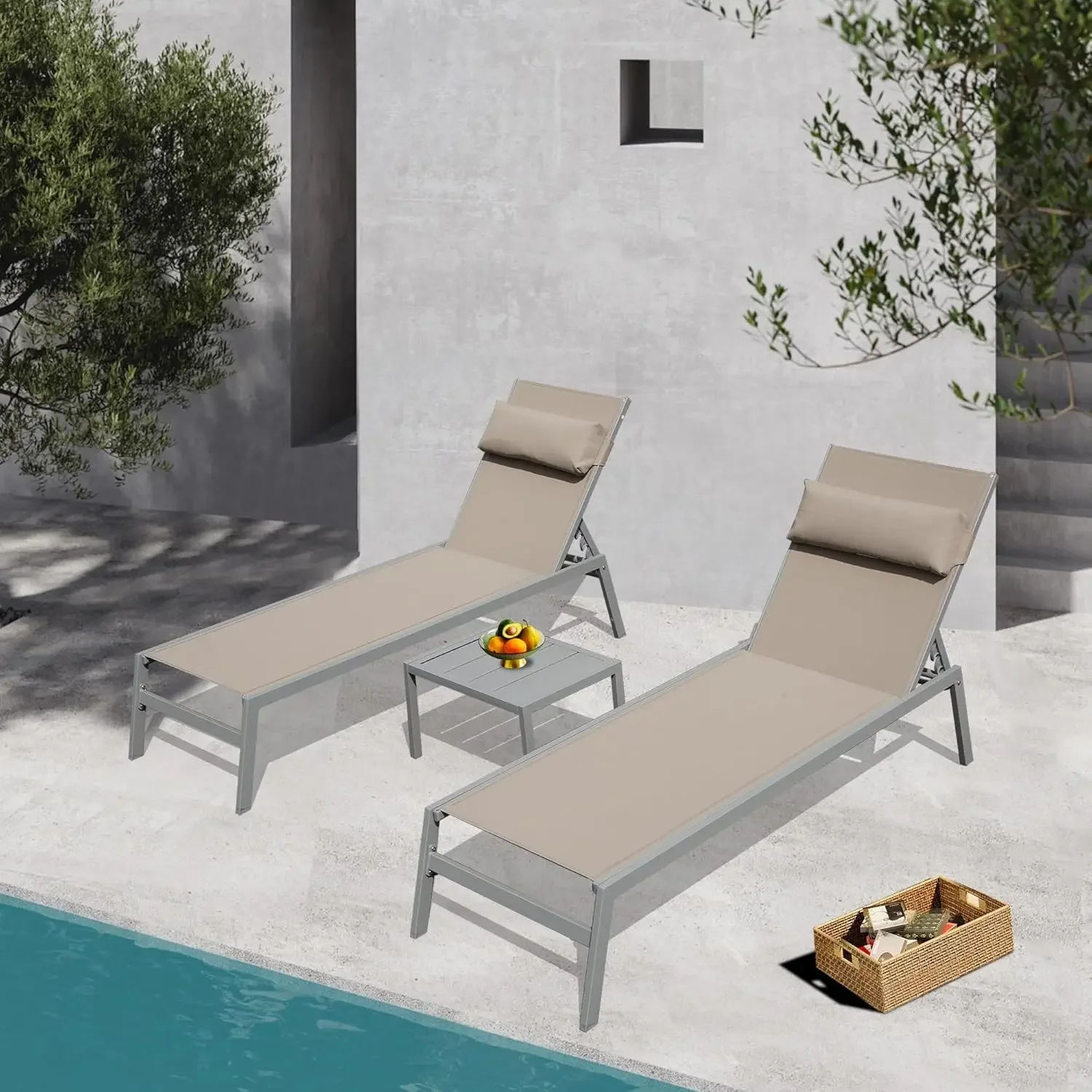 Aluminum Pool Lounge Chairs with Side Table, Outdoor Adjustable Recliner All Weather for Poolside, Beach, Yard, Balcony (Khaki)