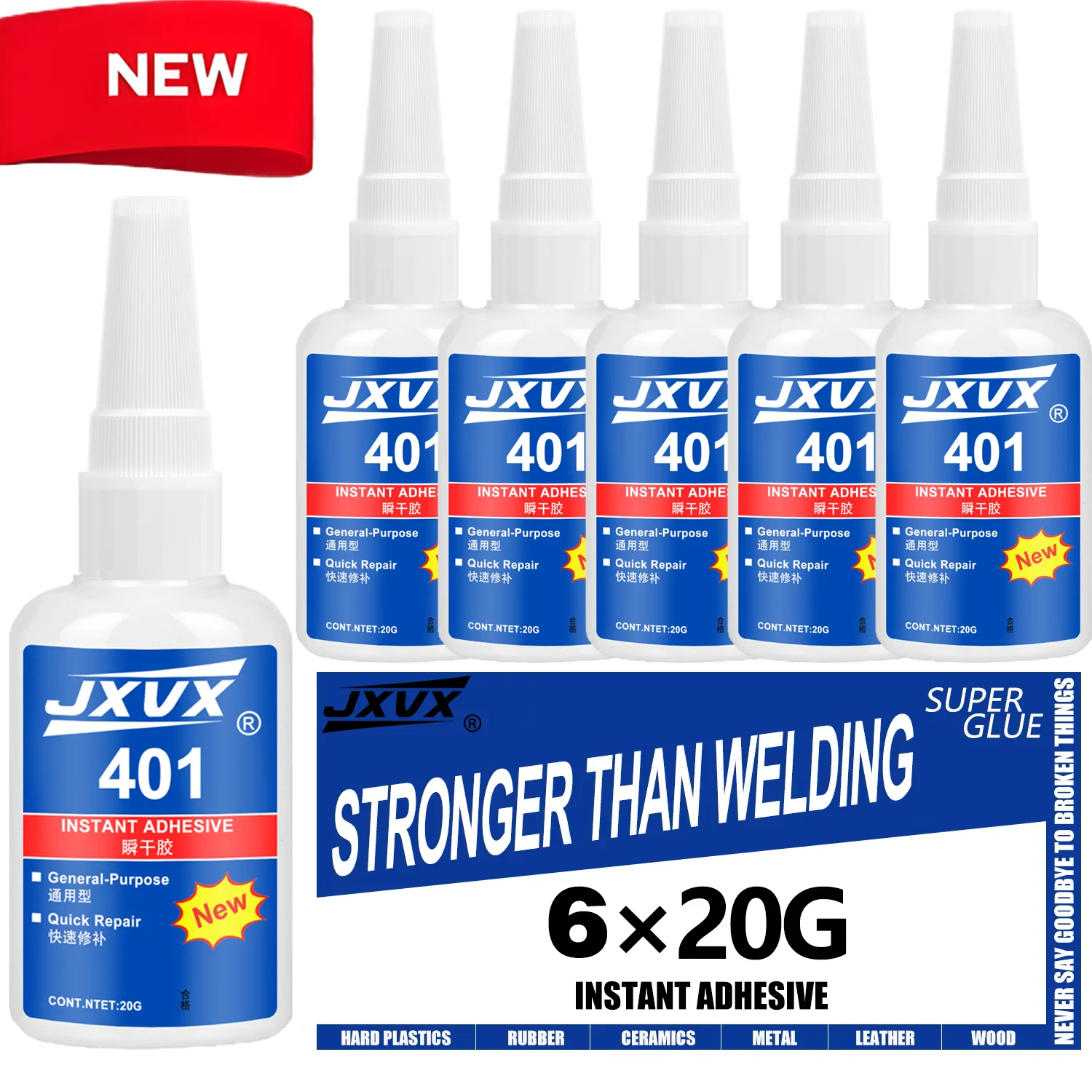 JXVX 401 Super Glue Plastic Professional Adhesive Transparent Cyanoacrylate Glue Fast Drying Odorless Long Lasting Bonding,6PCS.