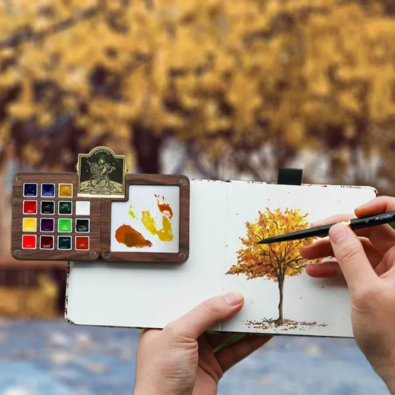 Mini portable watercolor travel sketch portable walnut box, painting board paint set handbook