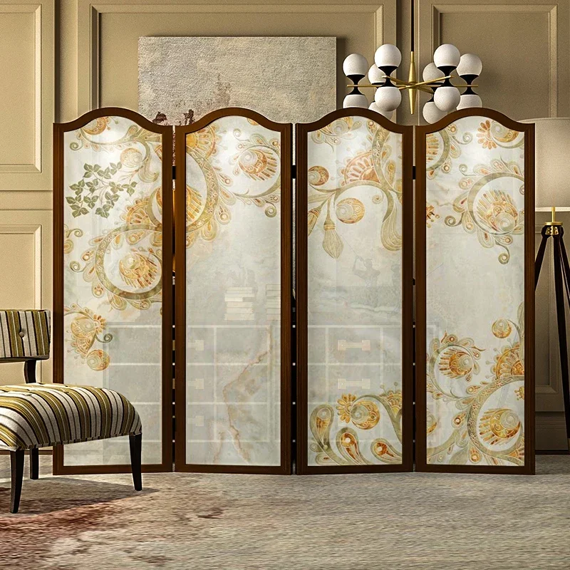 European American folding movable screen partition living room entrance hotel lobby shading solid wood folding screen flowers