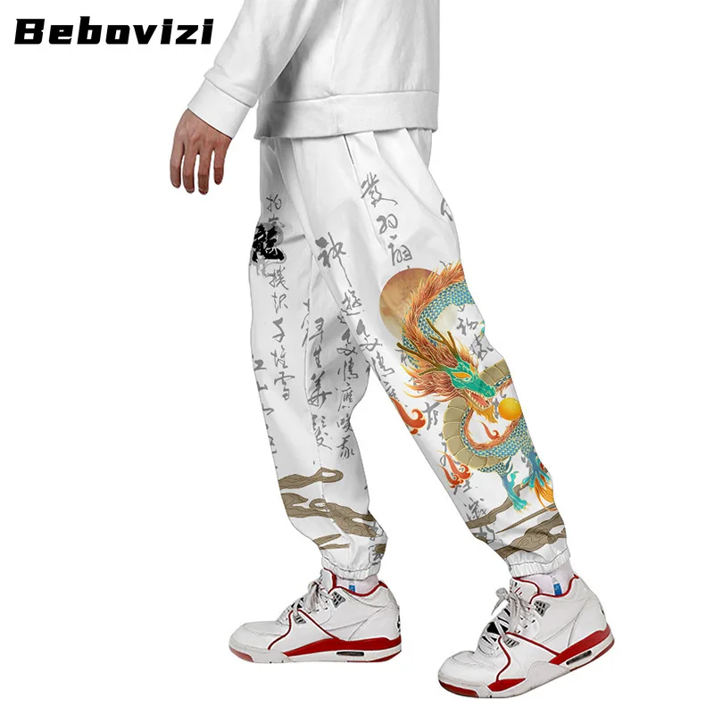 Anime chinês masculino de moletom Dragão, calça preta longa de bolso múltiplo, calça de jogger, moda streetwear, Harajuku