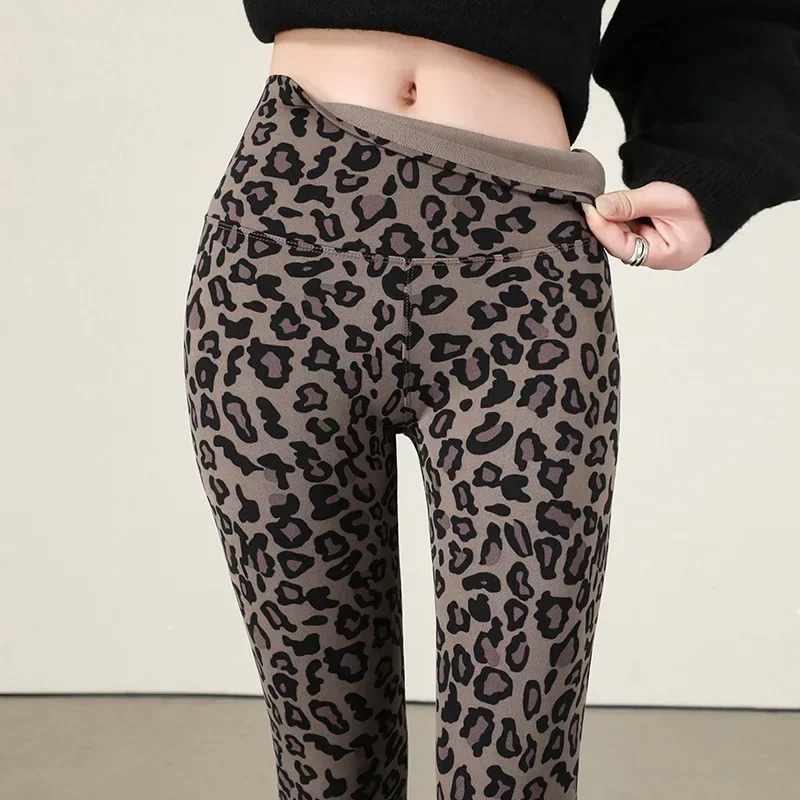 2026 Autumn Winter Leopard Print Leggings Women High Waist Slim Warm Velvet Ankle Pants Elastic Warm Yoga Sport Leggings Women