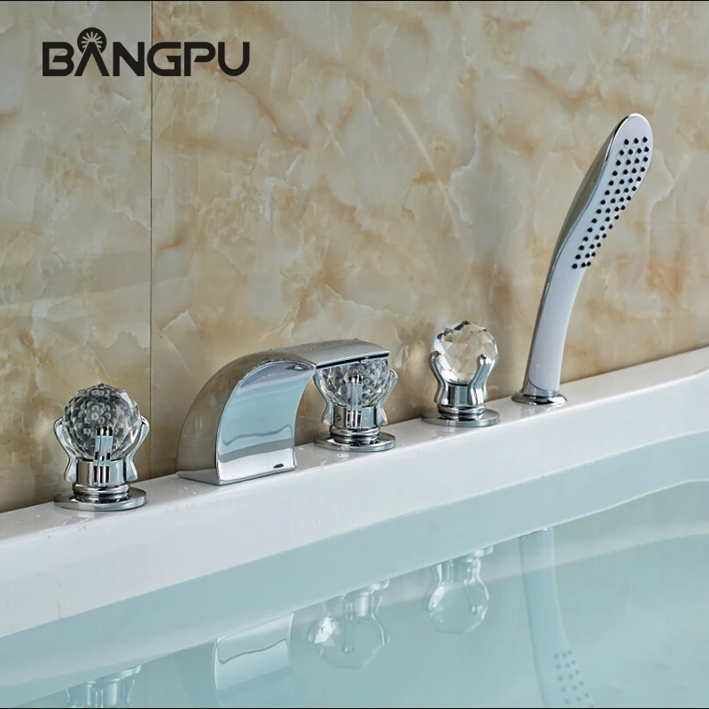 

Waterfall Tub Faucet with Hand Shower Roman LED Bathtub Faucet Set Deck Mount 5 Hole Bath Tub Faucet with Handheld Shower Chrome