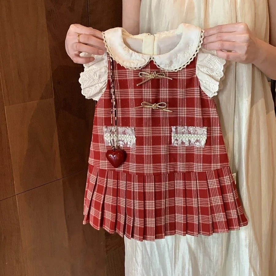 

Girls College Style Dress 2025 Summer New Red Checkered Lace Vest Dress for Girls Baby Elegant Dress