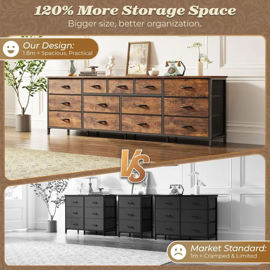 70 Inch Dresser for Bedroom, TV Stand for 65, 75, 80 Inch TV, 13 Fabric Drawer Long Dresser, Large Entertainment Center for Bed