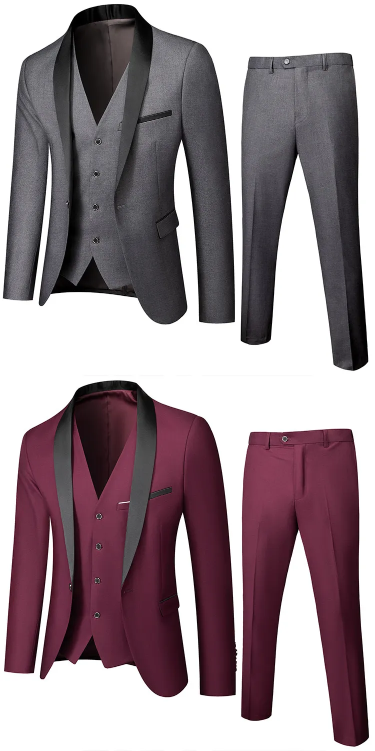 US-Größe Herren Anzug-Set mit Revers und Schwarzem Kragen, 3-teilig: Mantel, Weste, Hose / Business-Bräutigam-Hochzeitsanzug, Formeller Blazer, Hose, Weste – Detail 8