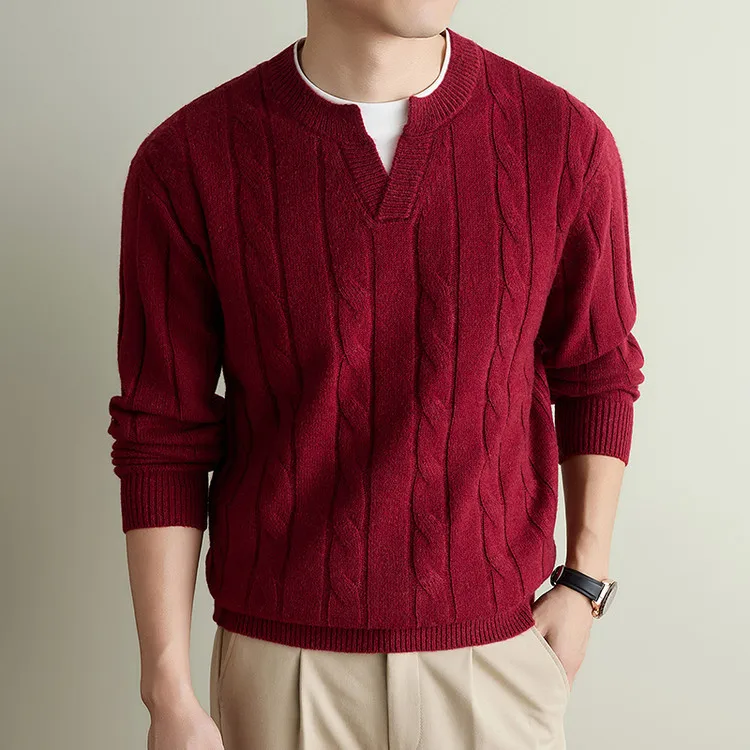 2026 Autumn Winter Retro twisted Sheep Wool Sweater Men's V-neck Loose Knitted Fake-two Piece Bottoming Shirt
