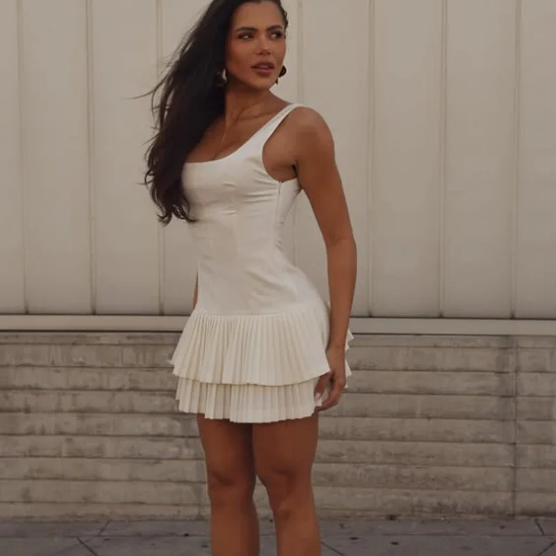 Hxao vestidos femininos plissados 2025 verão sem mangas vestidos curtos em camadas deslizamento vestido elegante sem costas mini vestido 088