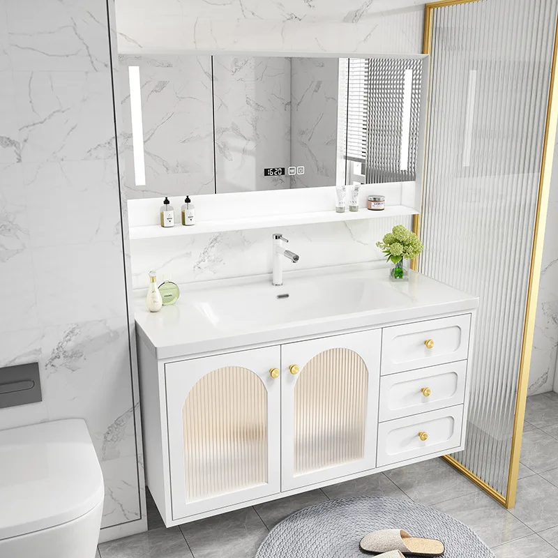

Modern Cute Pink Smart Bathroom Cabinet with Ceramic Sink Combination Washstand Luxury Ins Cabinet Bathroom Oak Milk Tea Color