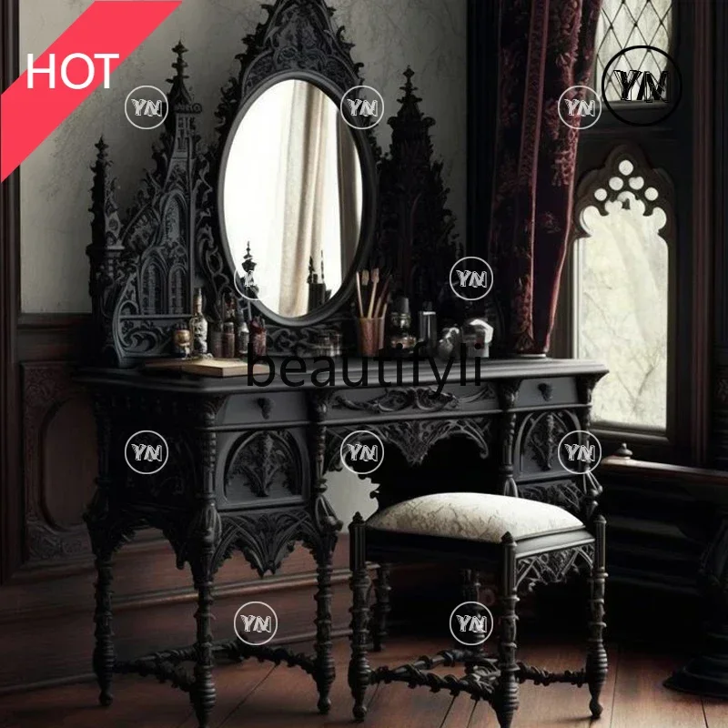Court black retro bedroom solid wood dresser French castle handmade dresser set