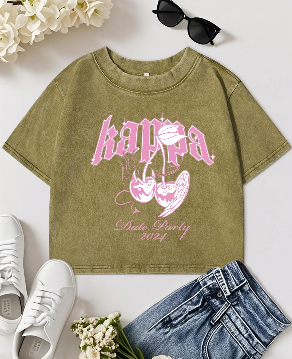 

Rappa Cherry Party Printing Washed T Shirts Women Slim Casual T-Shirt Fitness Y2K Crop Clothing Summer Soft Short Sleeve