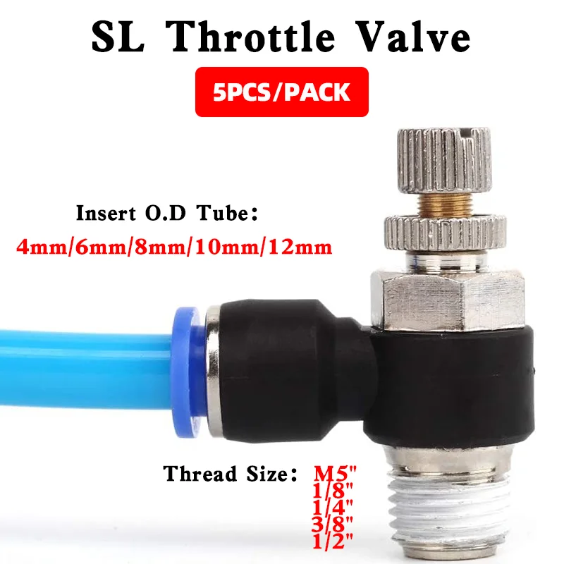 

5PCS SL Type 4 6 8 10 12mm Fast Connection Pneumatic Fitting M5 1/8" 1/4" 3/8" 1/2" Air Speed Regulating Valves Throttle Valve
