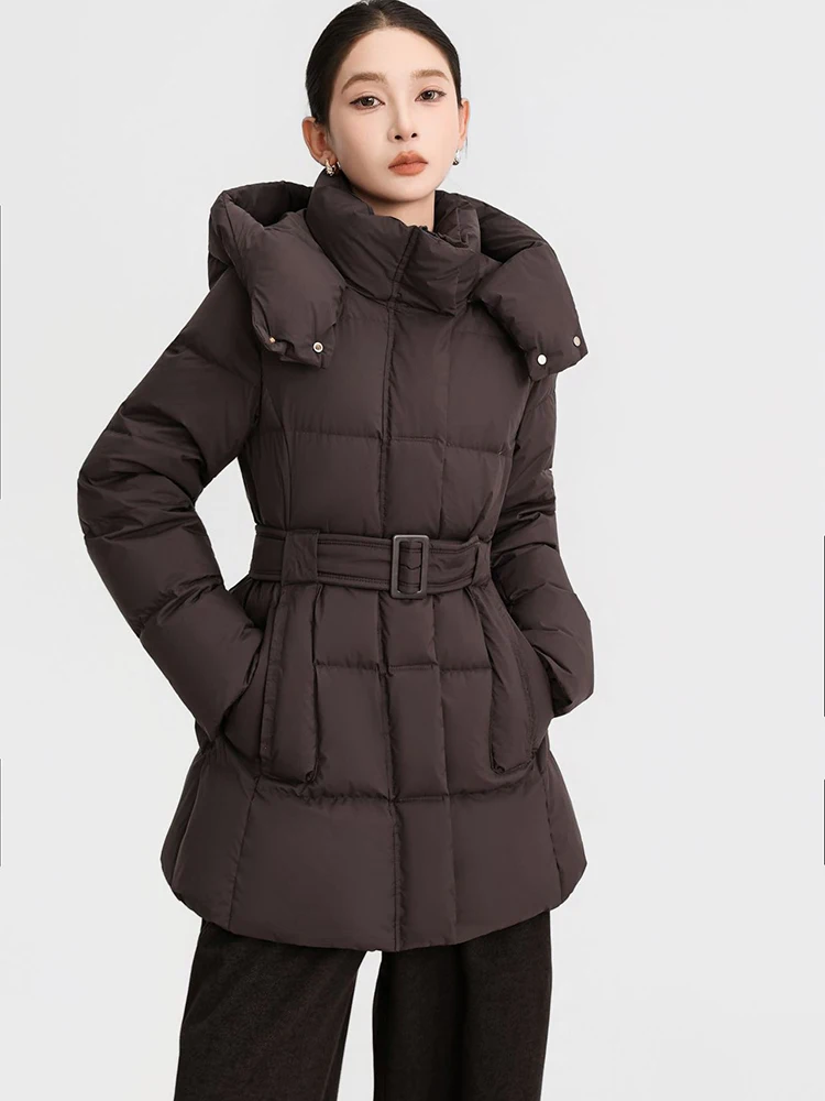 Winter White Duck Down Waterproof Zipper Lace Up Outwear Women Hooded Mid-length Down Jacket Female Thick Warm Cold Proof Jacket