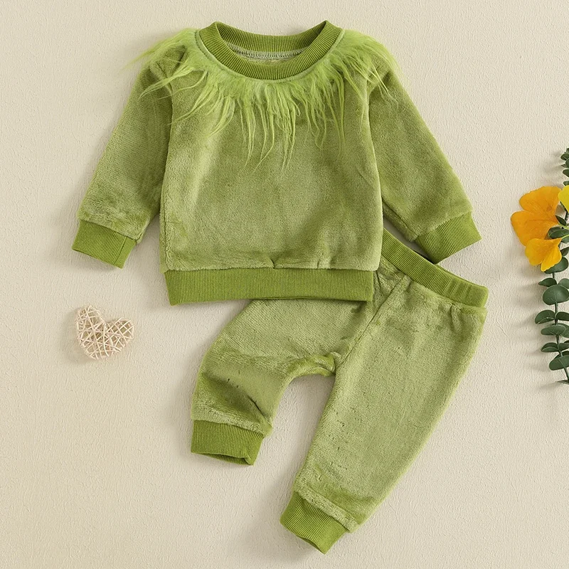 

Baby Clothing Boys Girl Long Sleeve Fur Collar Sweatshirt Pants Set 2Pcs Christmas Outfits Newborn Clothes