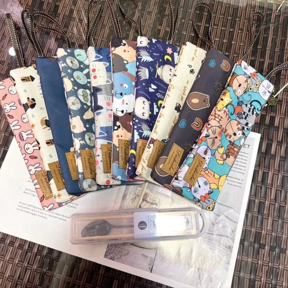 Cute Oxford Cutlery Storage Bag Cloth Portable Tableware Pouch Zipper Closure Paint Brush Bag Outdoor Travel
