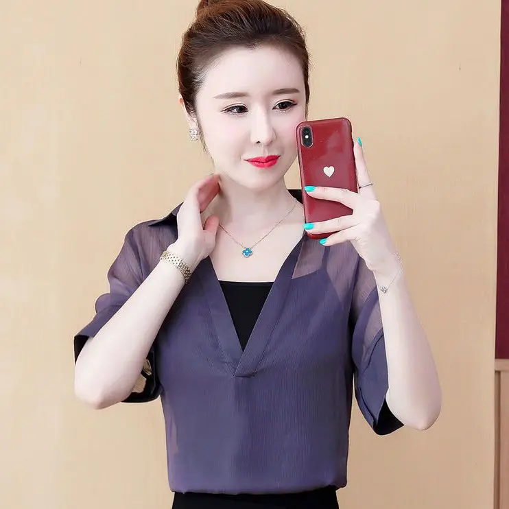 

Summer Ele Loose V-Ne ort Sve Women's Chiffon irt Breathable Lightweight Sun Protection Faionable Top