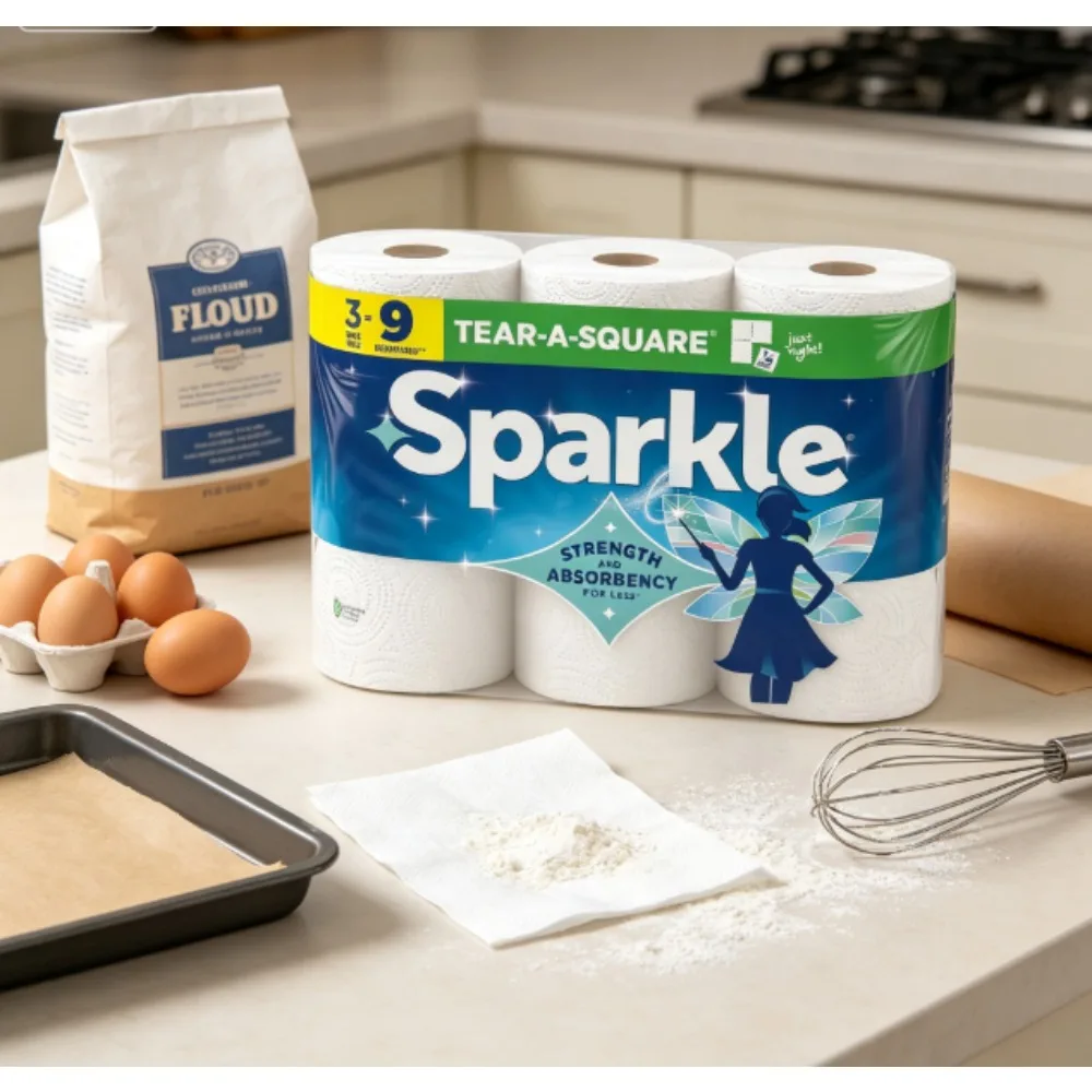 Sparkle tear-off square paper towels, 3 rolls of 3-ply = 9 rolls of regular paper towels, strong double-ply paper towels, suitable for kitchen cleaning and daily wiping.