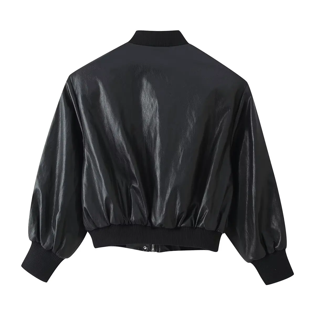 Leather Effect Shoulder Pad Short Pilot Jacket NINE ZAR Women's Fashion Zipper Closure Long Sleeve Spring Season Outerwear
