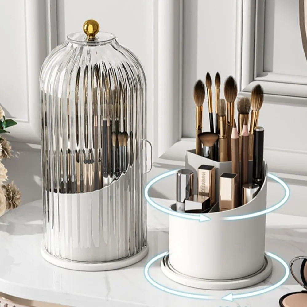 

360° Rotating Makeup Brush Holder With Lid Large Capacity Dustproof Luxury Cosmetic Organizer Lipstick Container Transparent