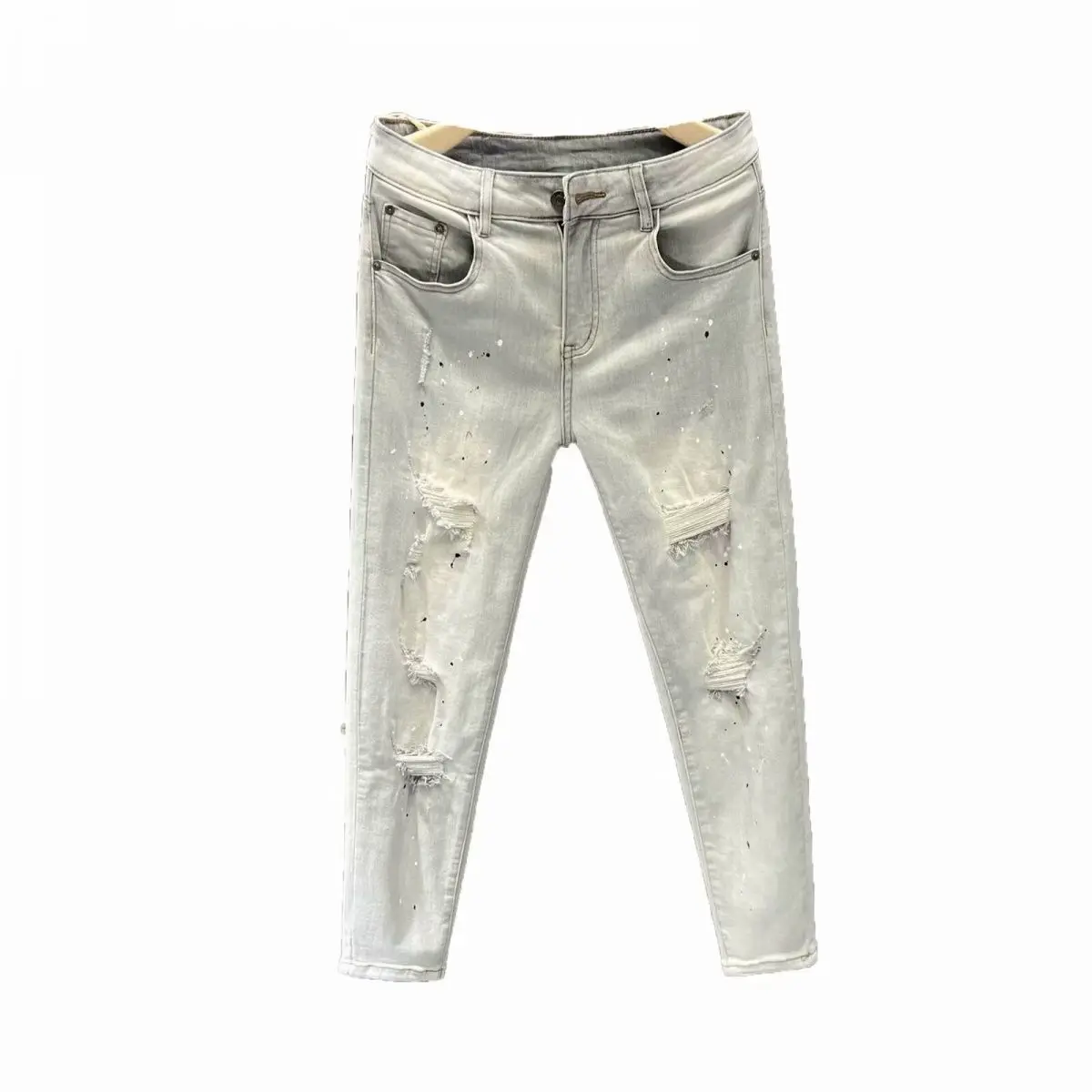 Harajuku Trendy Men's Fashion Ripped Washed Streetwear Ink-splashed Jeans Korean Slim-fit Light Gray Trousers Elastic Pants Men