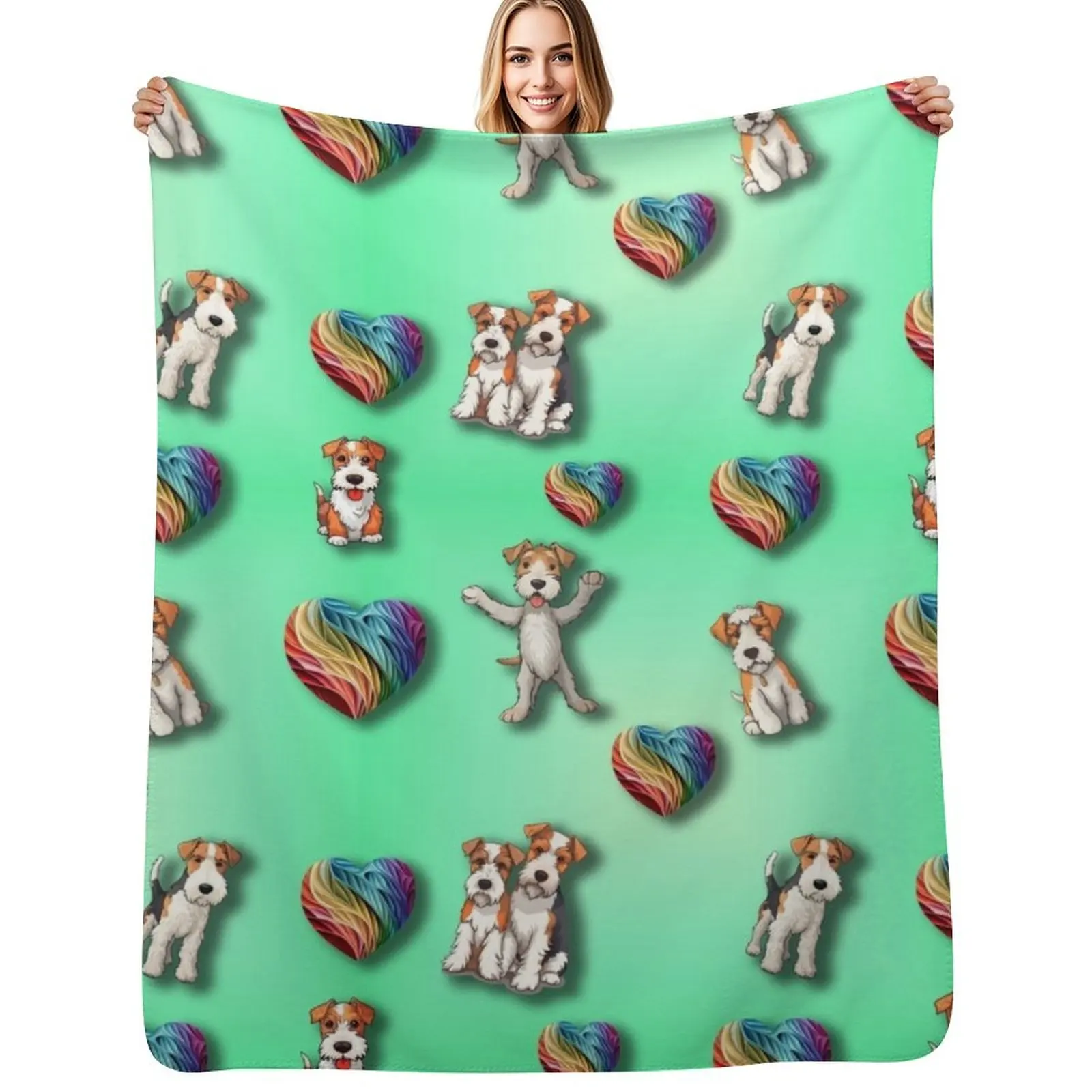 Manta de Felpa con Diseño de Fox Terrier de Pelo Largo y Corazones, para Sofá o Silla