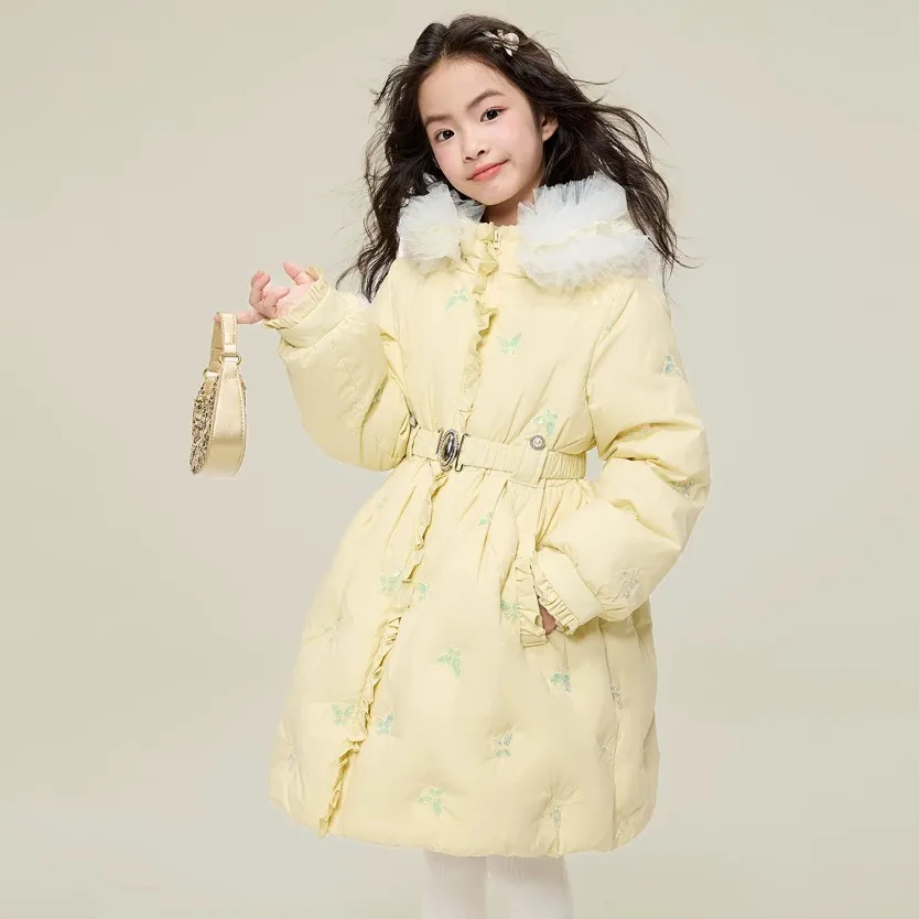 Kinder Mädchen Prinzessin Daunenjacke 90% Weiße Entendaunen Lange Kapuzenjacke Rüschenbesatz Warme Winteroberbekleidung 3-12 Jahre A5106 – Detail 4