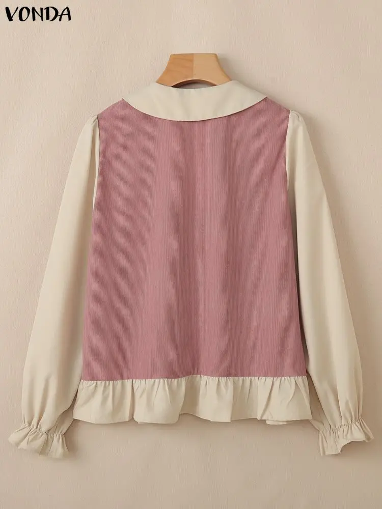 VONDA Moda Manica Lunga Camicie Eleganti Donna Autunno Top Camicetta 2025 Casual Colore Patchwork Colletto Peter Pan Ufficio Blusas