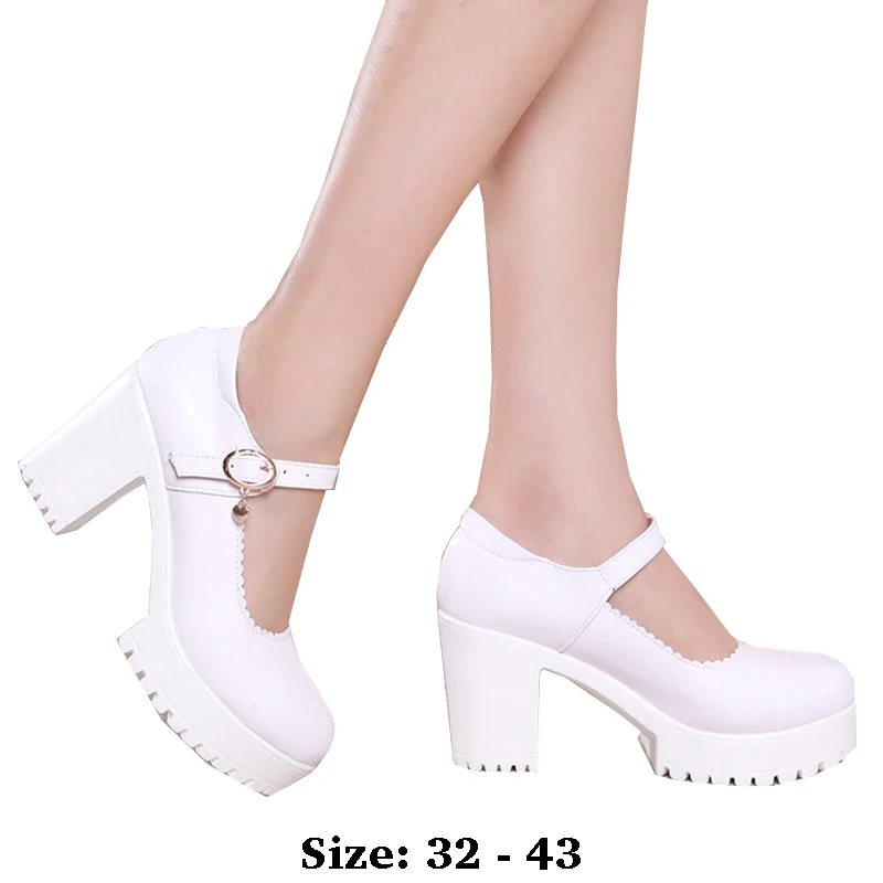 

high quality leather shoe for women 5cm 8cm 10cm high heel platform round toe 32 33 34 elegant work autumn shoe white silver