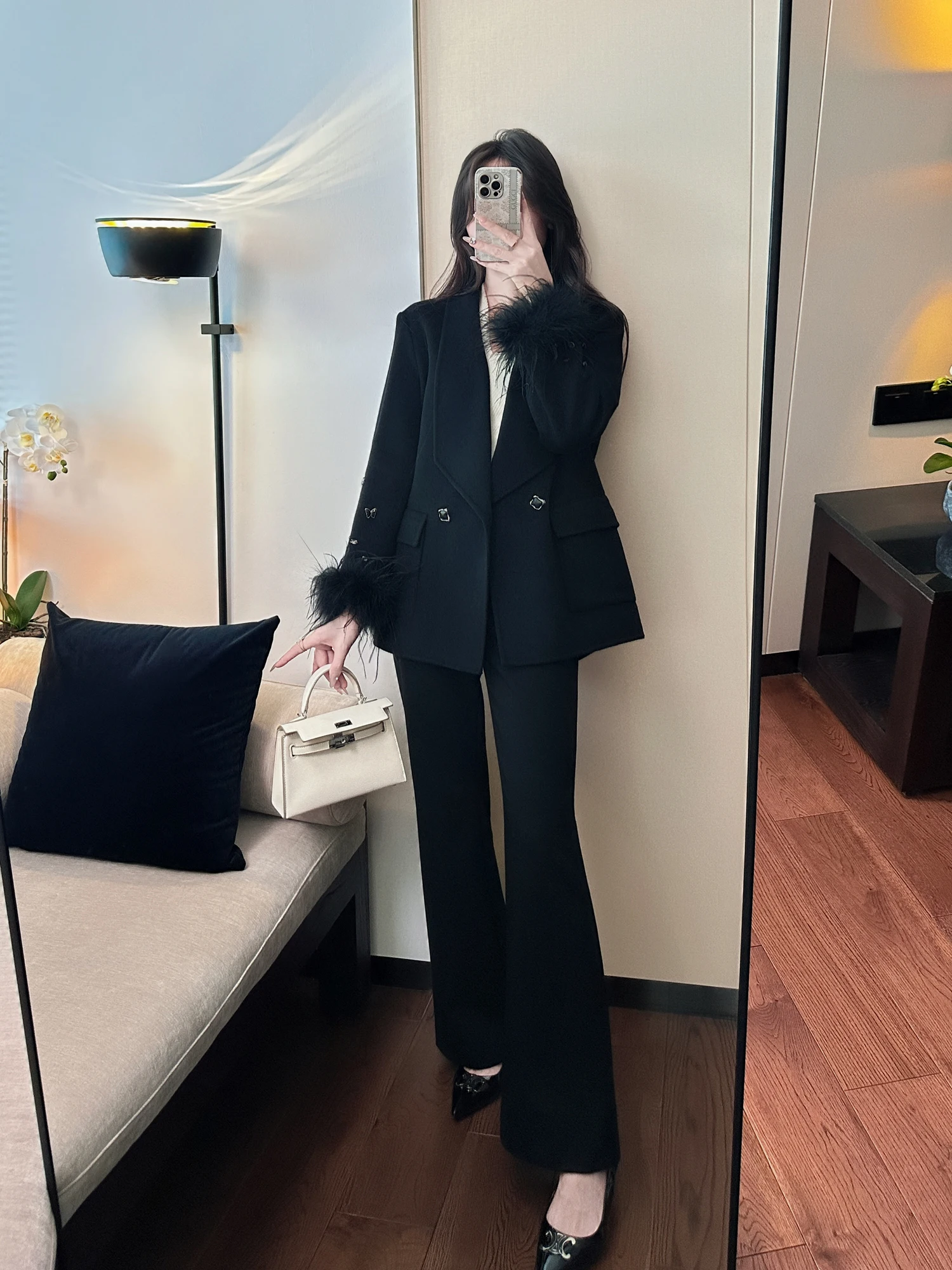 

Пальто женское двубортное из шерсти с перьями, ручной пошив, идеальная посадка, осенне-зимнее, с отложным воротником, прямого кроя, модное, в стиле костюма