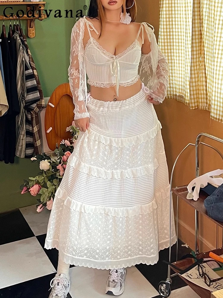 

Large Size White Women's Summer High Waist Gentle Cake Skirt Sexy Hollow A-line Solid Color Versatile Street Style Long Skirts