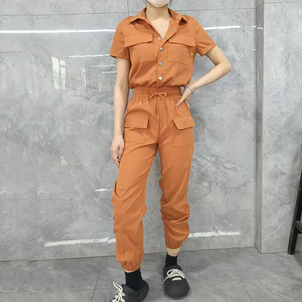 

Button Fastening Jumpsuit Versatile Women's Cargo Jumpsuit Stylish Turn-down Collar Slim Fit with Multi Pockets Elastic Waist