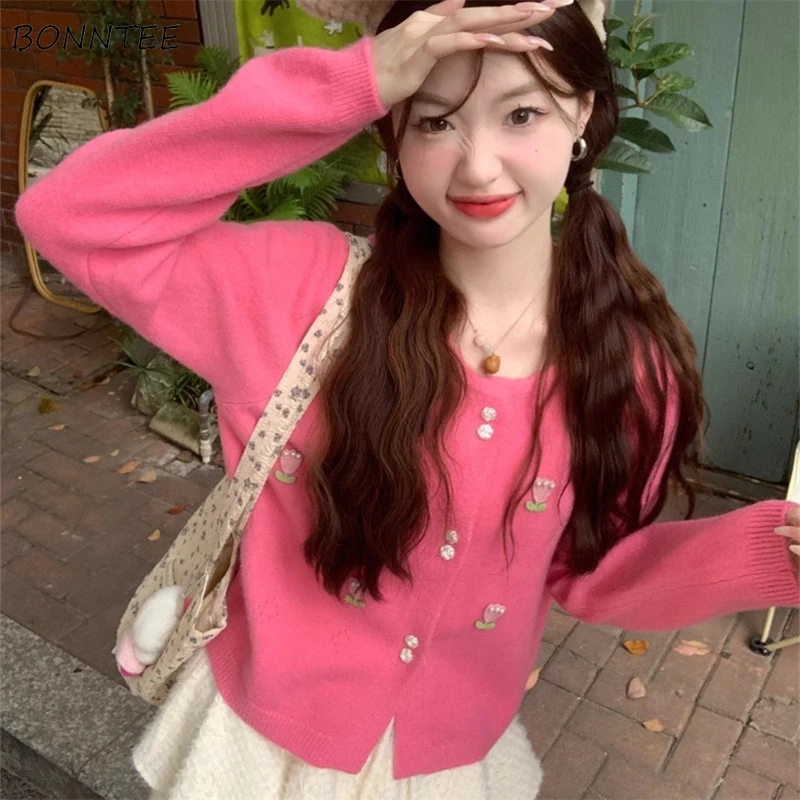

Cardigan Women O-neck 3D Flower Design Sweet Knitted Kawaii Girls Sweater All-match Korean Fashion Young Clothing Outwear Gentle