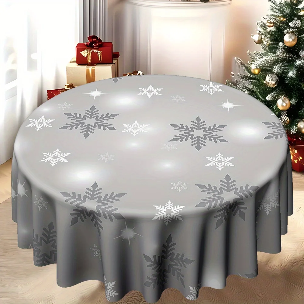 Christmas with Silver Snowflakes & Stars Twill Polyester, Large Round Dining Cover for Holiday Parties, Home Decor