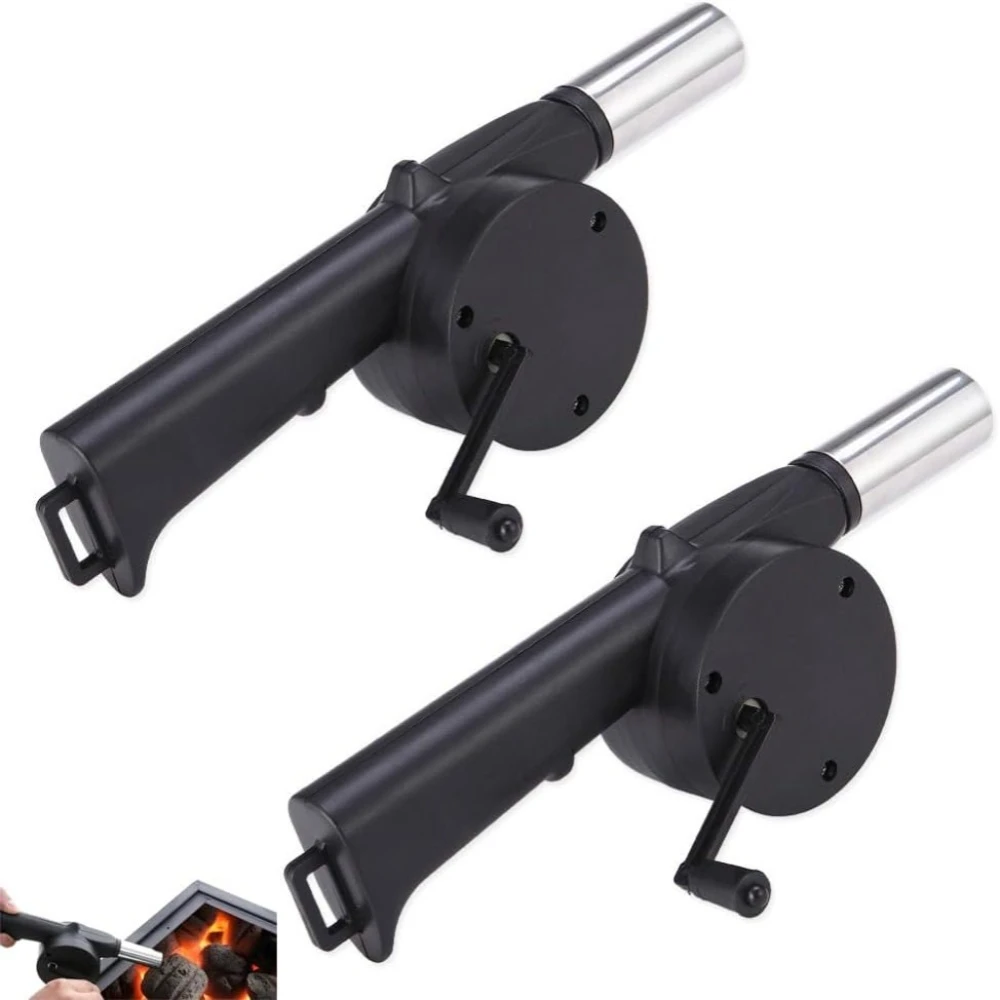 2Pcs Hand Crank Manual BBQ Air Blower Portable Hand‑Operated Fan Steel Nozzle for Charcoal Grill Camping Fire Starting Tool
