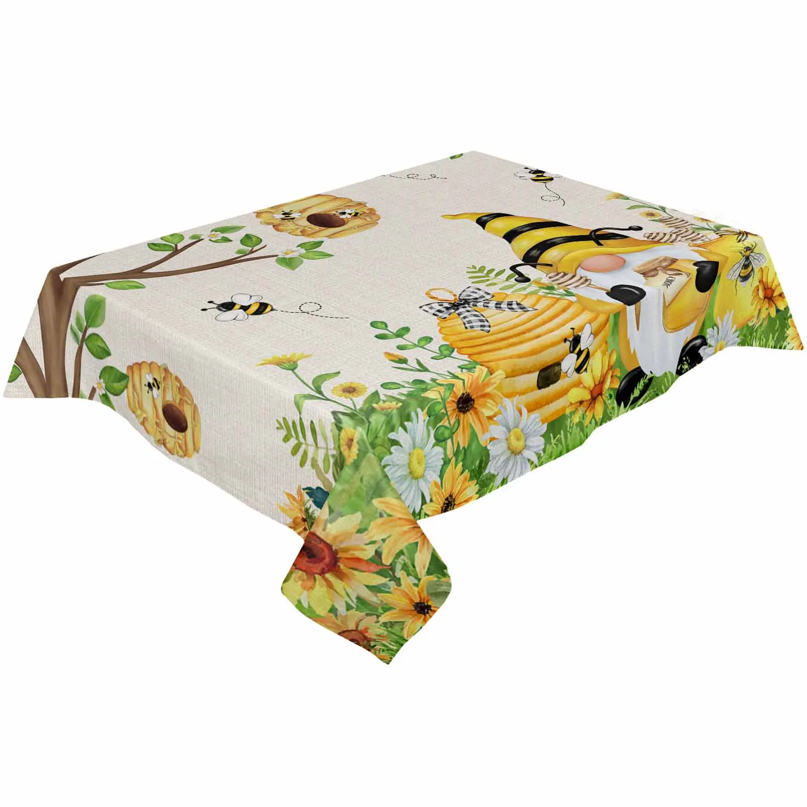 Watercolor Flowers Bee Gnome Waterproof Table Cloth Holiday Wedding Party Rectangular Table Cover Home Kitchen Decor