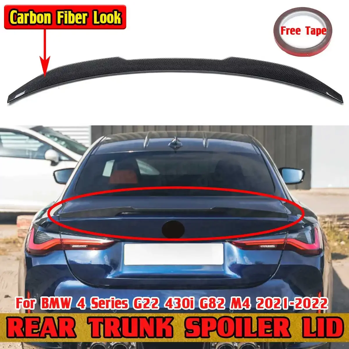 

Black/Carbon Fiber Look Car Rear Wing Lip For BMW 4 Series G22 430i G82 M4 2021-2022 M4 Style Rear Trunk Spoiler Lip Body Kit