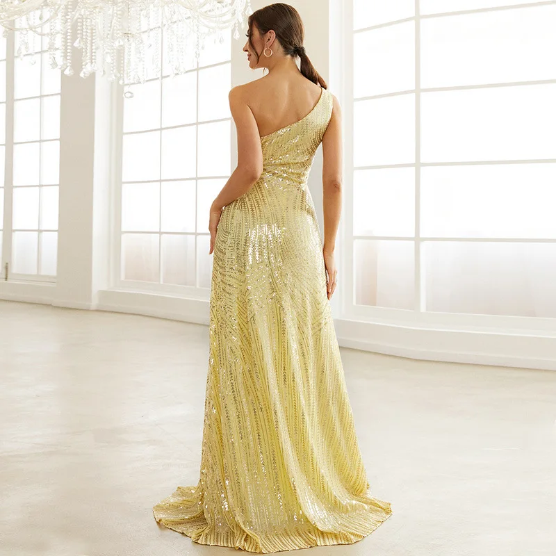 Sexy Elegant Women Summer One shoulder Backless Split dresses Ladies Yellow Sequined Party Evening Cocktail Prom Mermaid dress