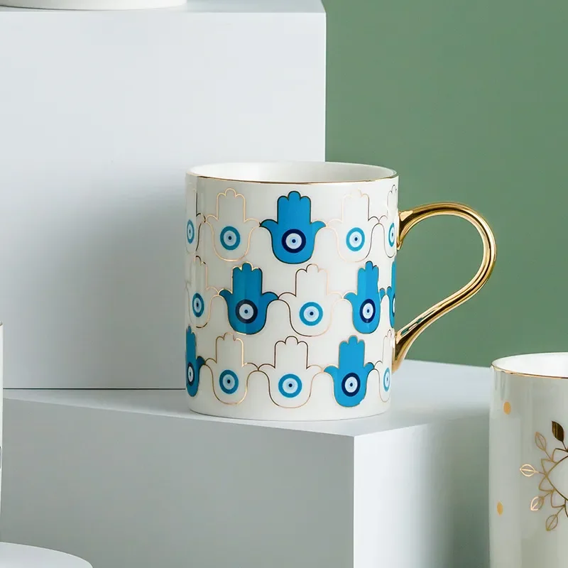 Creative Ceramic Cup Hamsa Hand of Fatima Evil Blue Eye Turkish Ceramic Coffee Mug Home Breakfast Milk Novelty Cup Couples Gifts