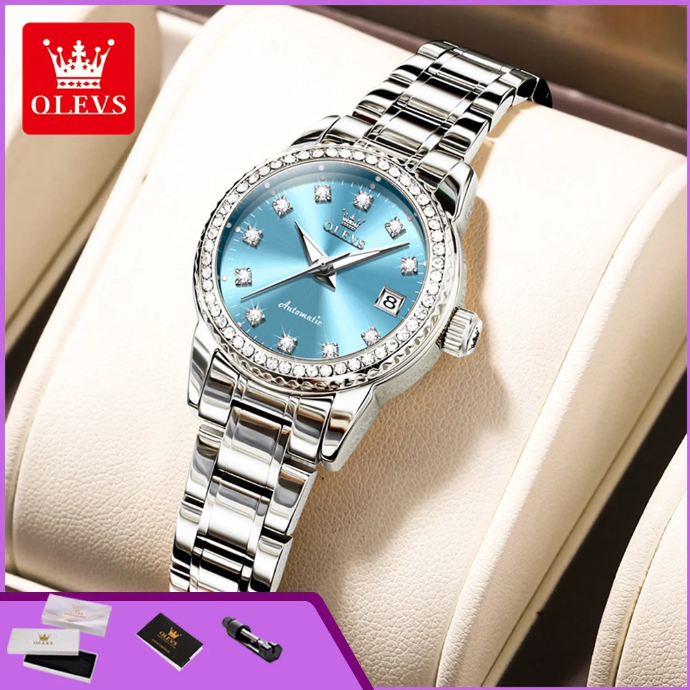 

OLEVS 7003 Fashion Elegant Automatic Mechanical Wristwatches for Lady Diamond Dial Luminous Calendar Women's Watch