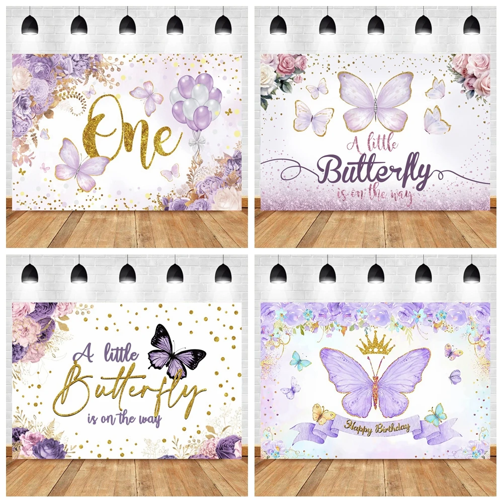 Beautiful Butterfly Flowers Photography Backdrop Sweet Baby Girl Happy Birthday Baby Shower Golden Dots Decor Backgrounds Banner