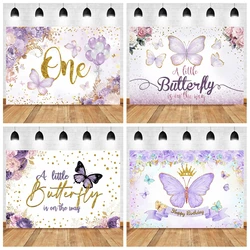 Beautiful Butterfly Flowers Photography Backdrop Sweet Baby Girl Happy Birthday Baby Shower Golden Dots Decor Backgrounds Banner