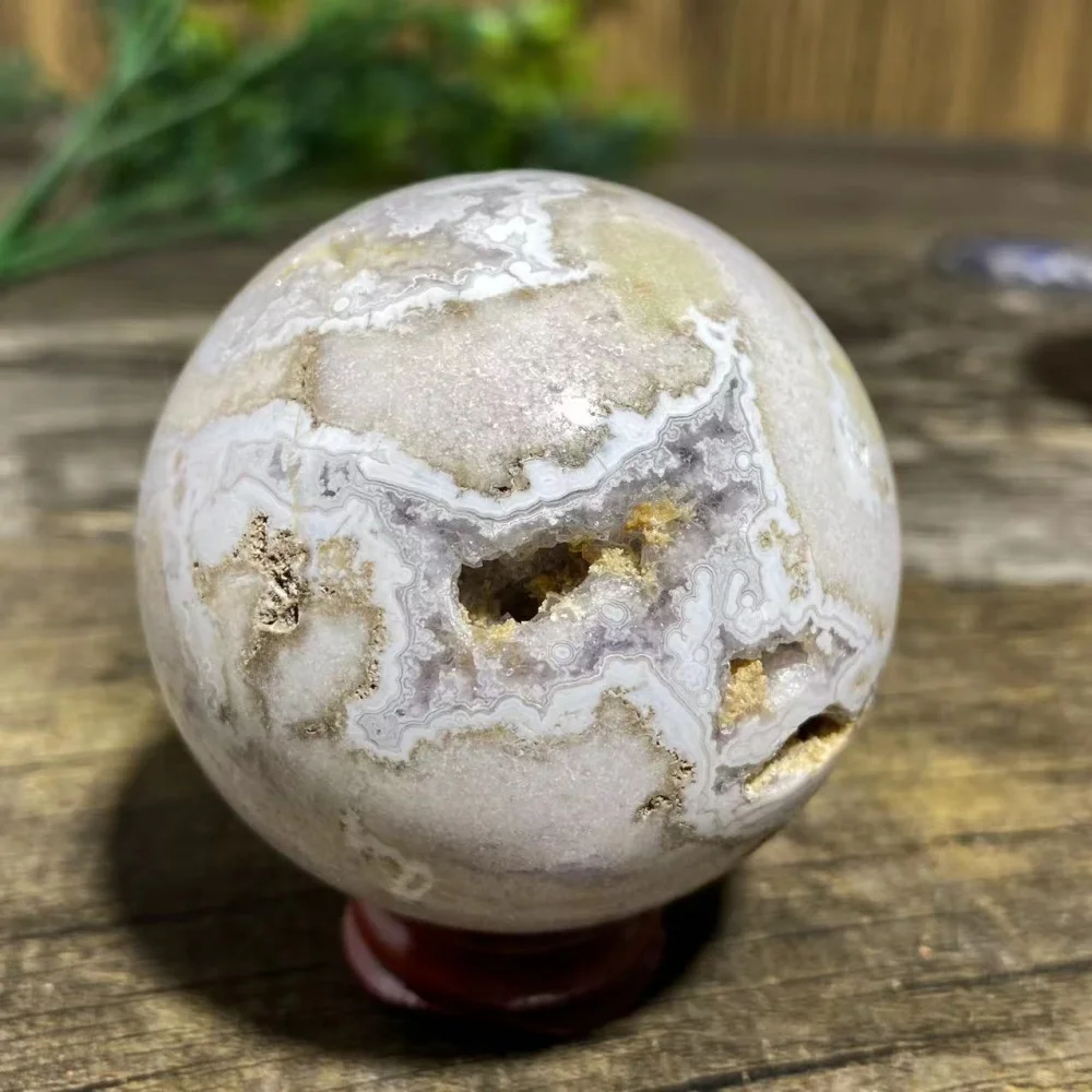 Purple Flower Agate Sphere Ball Crystal Natural Druzy Mineral Gemstones Minerals Spiritual Ornaments Home Decoration+Stand