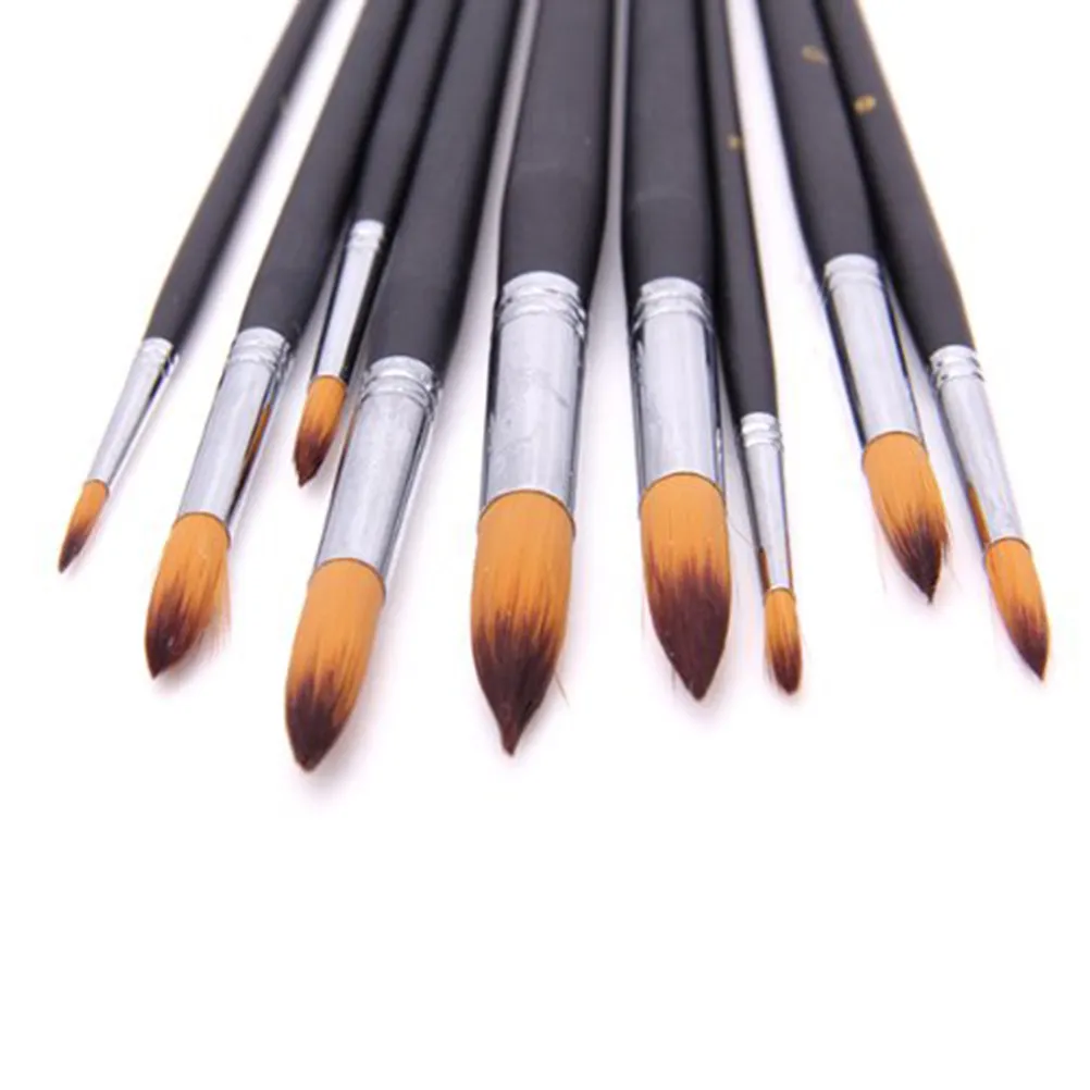 9Pcs Black Round Toe Brush Set for Artists Nylon Bristles Polished Ferrule Wood Handle Ideal for Acrylic Watercolor Oil Smooth