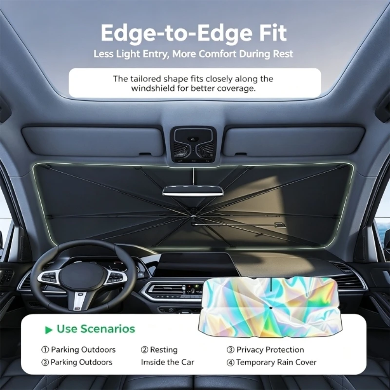 Umbrella-Style Car Windshield Shade, Car Sun Shade with Reflective Finish and Bendable Center Shaft for Direct Sunlight D7YA