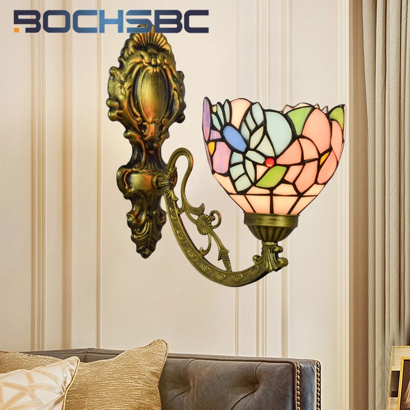 BOCHSBC Tiffany style stained glass mirror headlight bird wall lamp for living room dining room bedroom bed corridor LED decor