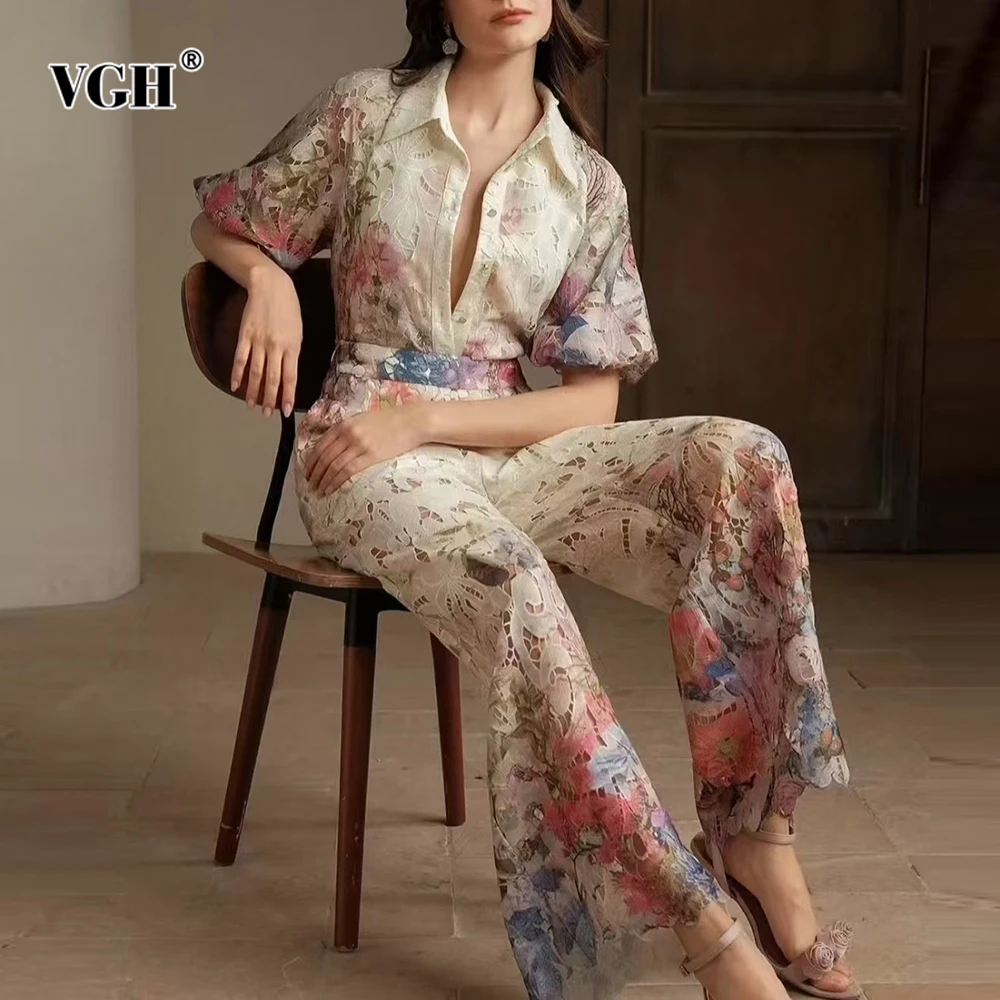 

VGH Casual Printing Two Piece Sets For Women Lapel Half Sleeve Top High Waist Pants Autumn Temperament Set Female Fashion New