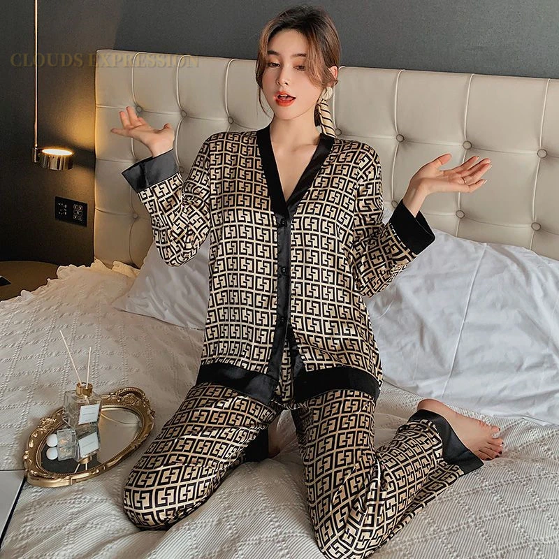 Spring Summer Ladies Faux Silk Polyester Pajama Sets Sexy Homewear Women\'s Casual Luxury Pajamas Thin Pajamas Female Sleepwear