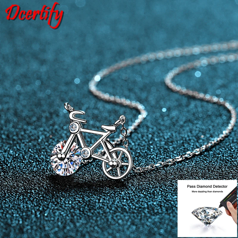 Certified Cute Moissanite Bike Pendant Solid 10K White Gold Bike Style Beautiful Necklace For Female Birthday